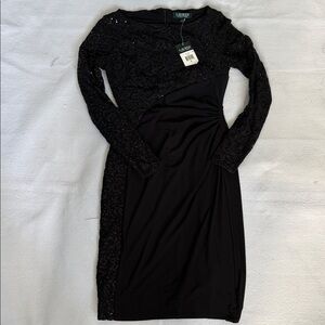 NWT size 0 Ralph Lauren Black fitted Sequin Long Sleeve Dress formal/cocktail